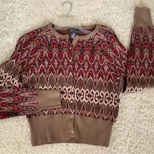 George sz L Festive Cardigan Red Tan Gold-Threaded Sweater Like New